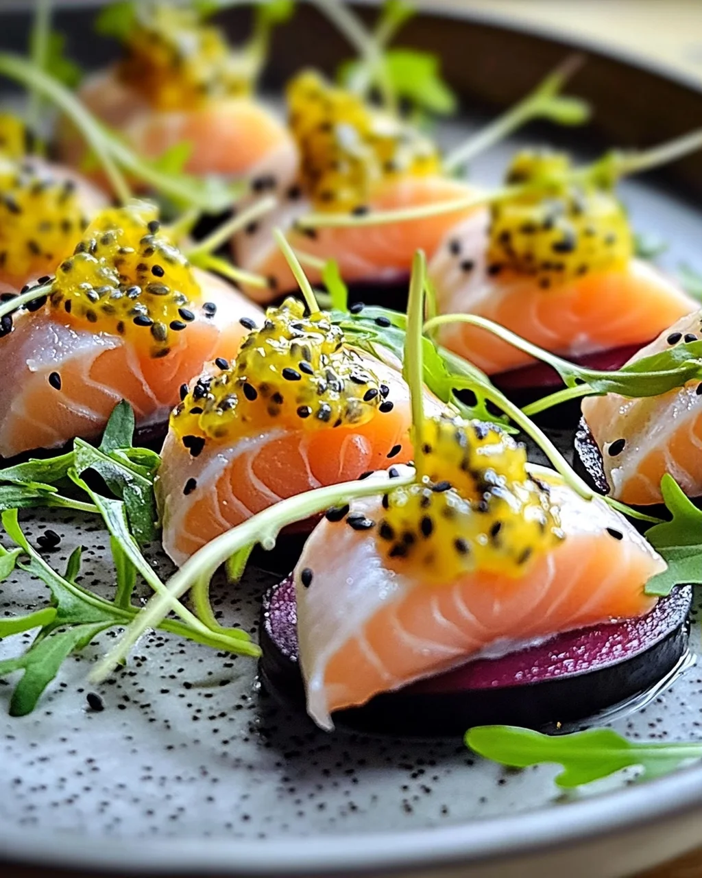 Bouchées de radis noir au saumon, vinaigrette fruitée irrésistible