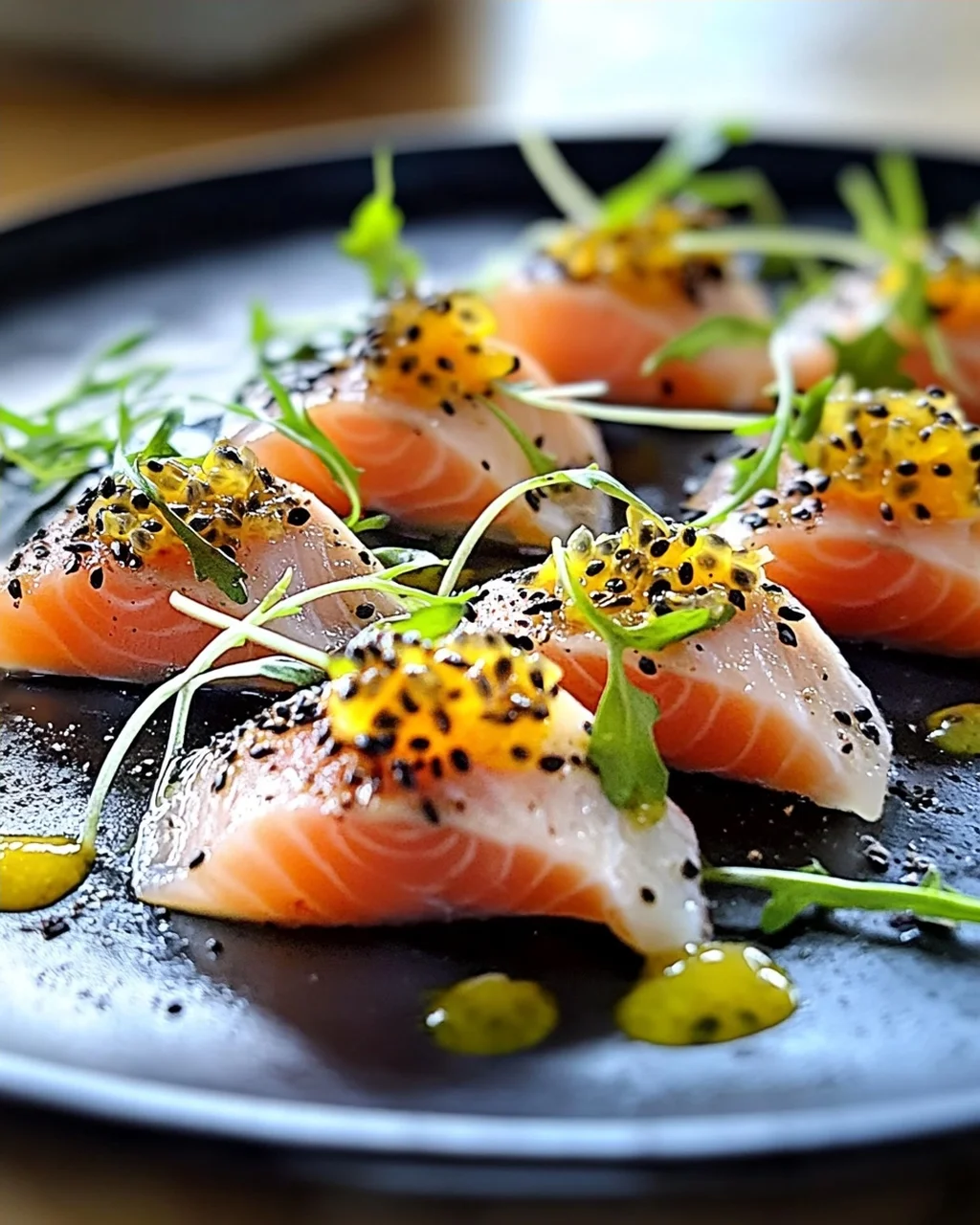 Bouchées de radis noir au saumon, vinaigrette fruitée irrésistible