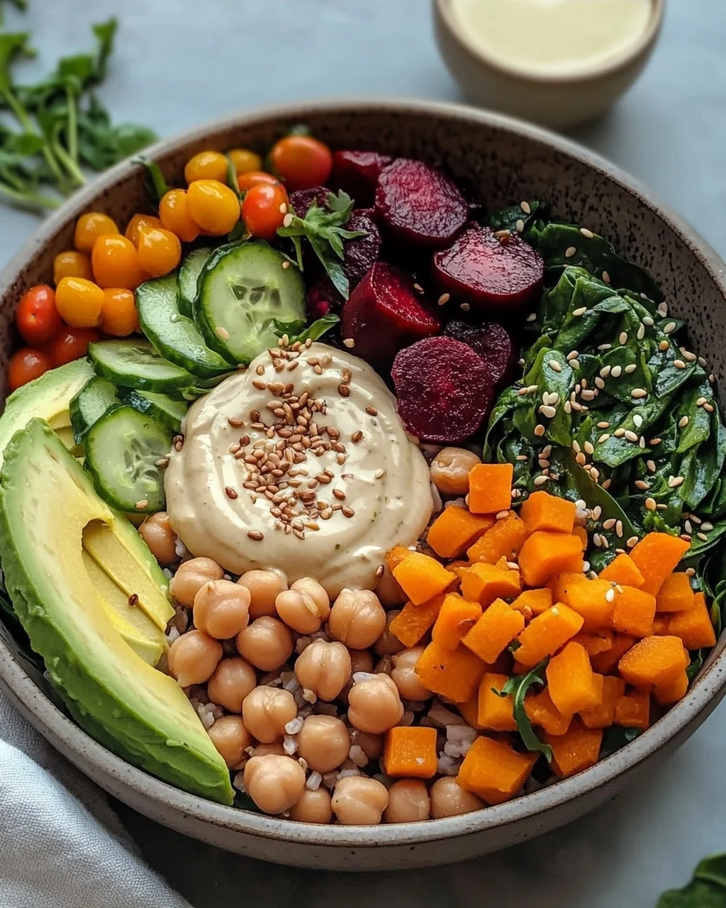 Buddha bowl végétarien équilibré avec des légumes frais