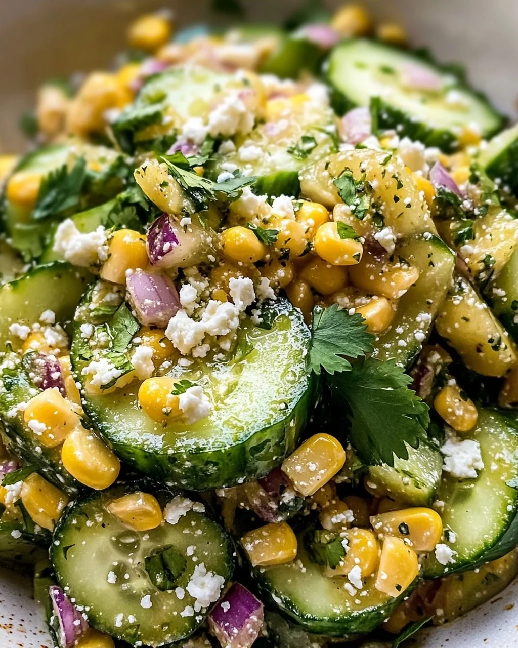 Salade de concombres mexicaine avec vinaigrette au maïs et à l'elote