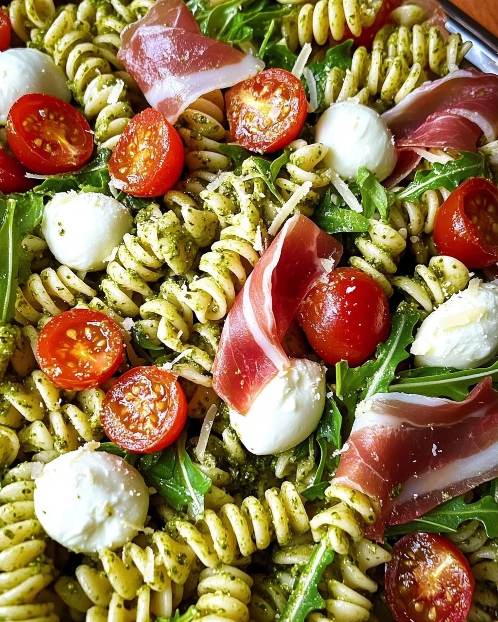 Salade de pâtes au pesto, jambon cru et mozzarella