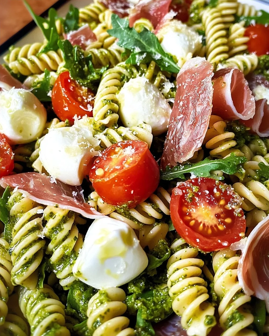 Salade de pâtes au pesto, jambon cru et mozzarella